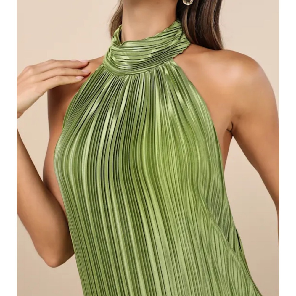 Lulus Gwenny Lime Green Plisse Halter Neck Maxi Dress Glam Evening Formal Size M - Picture 4 of 13